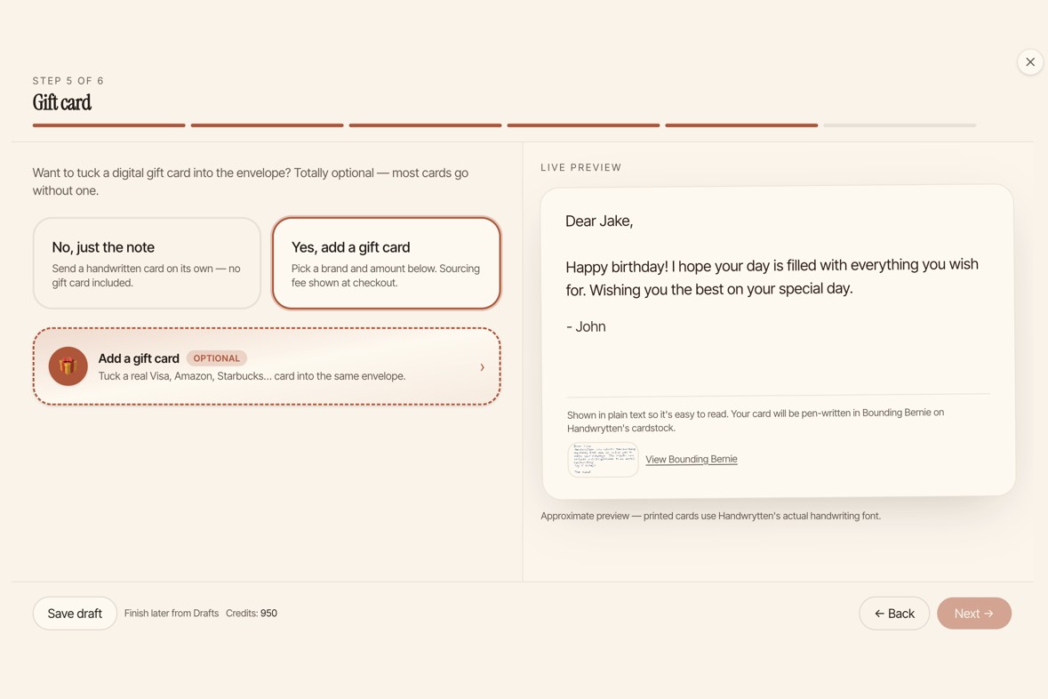 Gift card selection step in the compose wizard, showing options to add a digital or physical gift card to your handwritten note