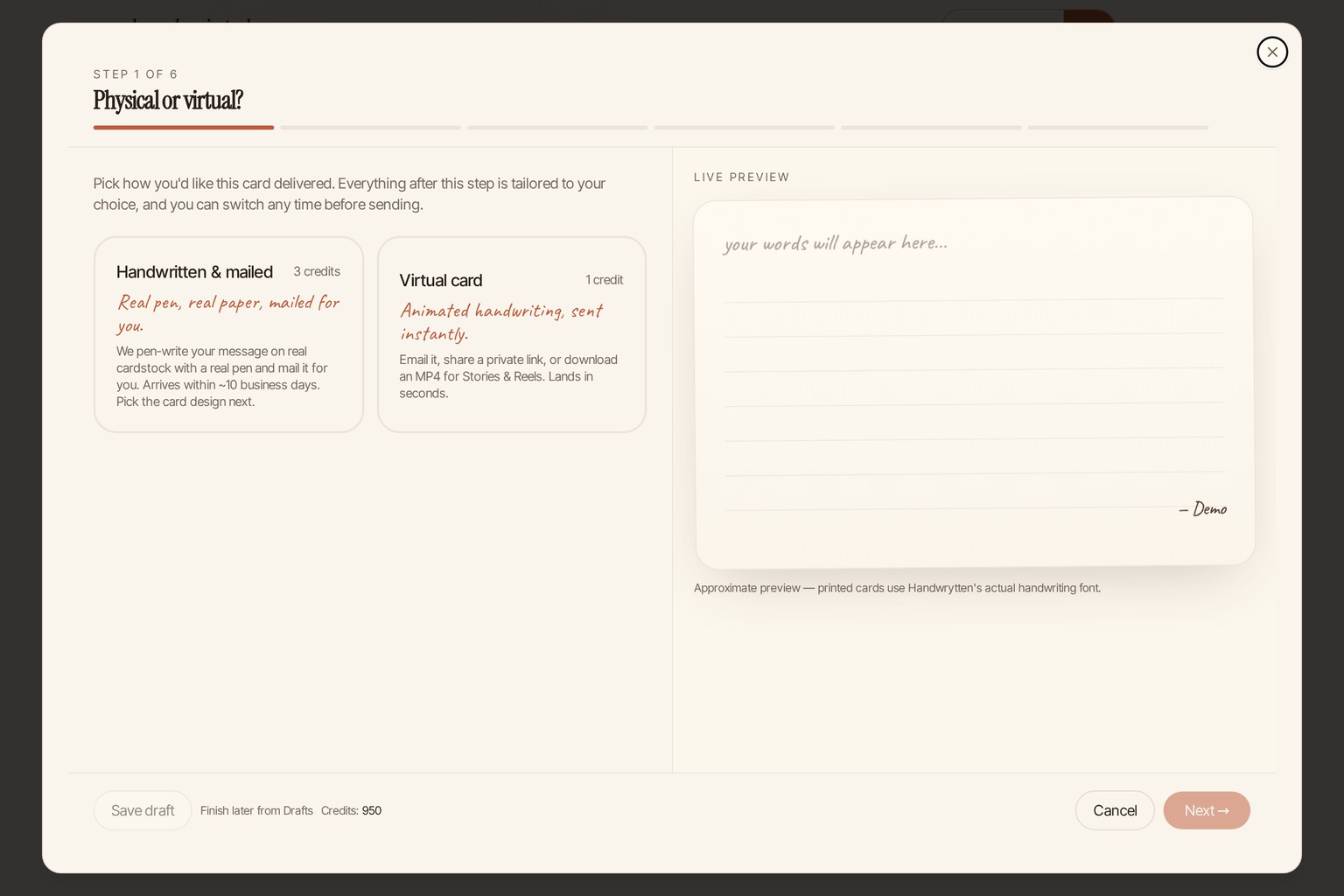 Handscripted compose wizard with a live handwritten preview of the message as you type