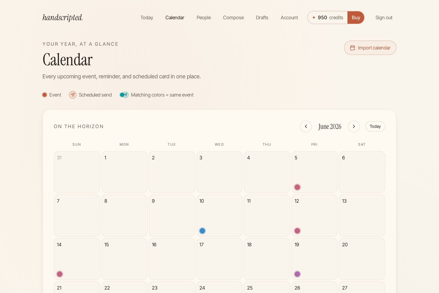 Handscripted calendar view showing upcoming birthdays and scheduled cards color-coded by person